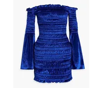 Off-the-shoulder shirred stretch-chenille mini dress - Blue