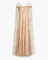 Marchesa Cape-effect glittered tulle gown - Neutral Neutral