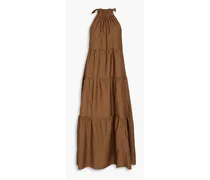 Gathered cotton-blend poplin halterneck midi dress - Brown