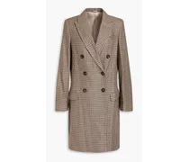 Double-breasted houndstooth linen, wool and silk-blend coat - Brown
