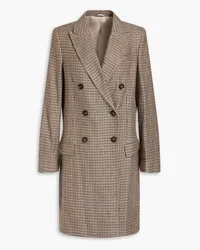 Brunello Cucinelli Double-breasted houndstooth linen, wool and silk-blend coat - Brown Brown