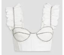 Cropped crystal-embellished cotton-poplin bustier top - White
