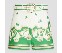 Belted printed linen shorts - White