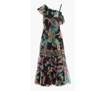One-shoulder printed cotton and silk-blend voile midi dress - Black