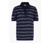Striped crochet-knit cotton-blend polo shirt - Blue