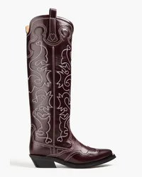 Ganni Embroidered leather western boots - Burgundy Burgundy