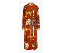 Embellished printed silk crepe de chine midi shirt dress - Brown