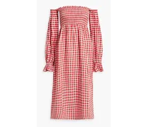 Atlanta off-the-shoulder shirred gingham linen-blend midi dress - Red