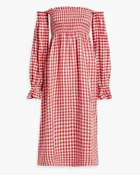 SLEEPER Atlanta off-the-shoulder shirred gingham linen-blend midi dress - Red Red