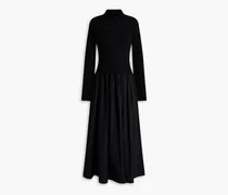 Gathered ribbed knit-paneled cotton-blend poplin maxi dress - Black