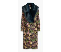 Faux fur-trimmed double-breasted jacquard coat - Blue
