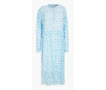 Shirred printed georgette midi dress - Blue