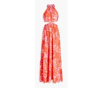 Cutout floral-print broderie anglaise halterneck maxi dress - Orange