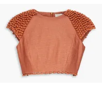 Embellished cropped cotton and linen-blend top - Brown