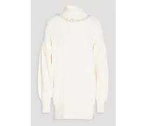 Oversized embellished ribbed-knit turtleneck sweater - White