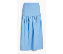 Samira gathered linen-blend twill midi skirt - Blue