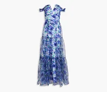 Off-the-shoulder floral-print crinkled organza gown - Blue