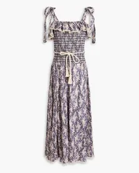 Zimmermann Shirred floral-print cotton-blend jacquard midi dress - Blue Blue