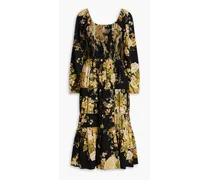 Off-the-shoulder gathered floral-print crepe midi dress - Black