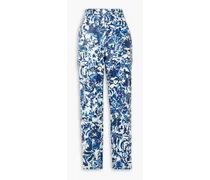 Floral-print leather tapered pants - Blue
