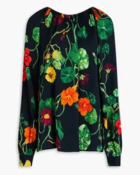 Oscar de la Renta Floral-print satin top - Blue Blue