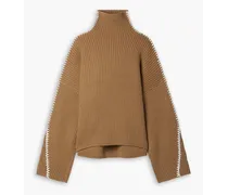 Ingrid whipstitched ribbed wool turtleneck sweater - Brown