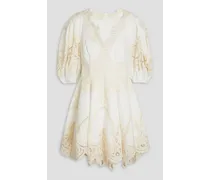Crocheted lace-paneled linen mini dress - White