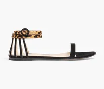 Leopard-print calf hair and suede sandals - Black