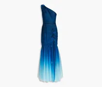 One-shoulder floral-appliquéd dégradé tulle gown - Blue