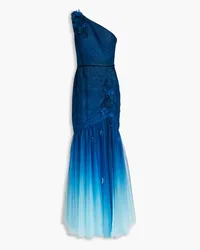 Marchesa One-shoulder floral-appliquéd dégradé tulle gown - Blue Blue