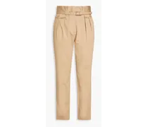 Belted stretch-cotton twill tapered pants - Neutral