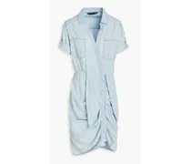 Ruched cotton-blend chambray shirt dress - Blue