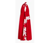 Open-back printed cotton-poplin midi dress - Red