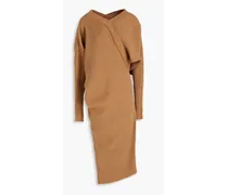 Draped ribbed-knit midi dress - Brown