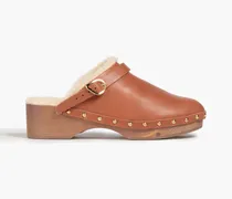 Studded shearling-lined leather mules - Brown