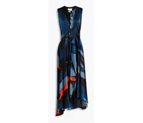 Draped printed silk-satin midi dress - Blue