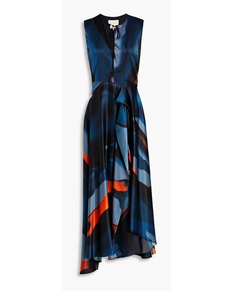 Draped printed silk-satin midi dress - Blue