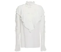 Appliquéd ruffled broderie anglaise crepe de chine blouse - White
