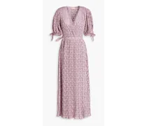 Pleated belted crocheted lace midi wrap dress - Purple