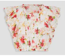 Nora cropped pintucked floral-print cotton top - White