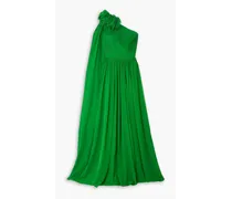 One-shoulder pleated silk-georgette gown - Green