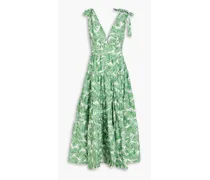 Tiered printed cotton-poplin midi dress - Green