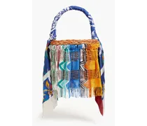 Fringed crochet-knit and straw bucket bag - Blue