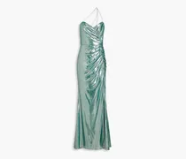 One-shoulder ruched metallic stretch-jersey gown - Green
