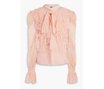 Pussy-bow tiered tulle and point d'esprit blouse - Pink