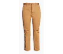 Cropped cotton and linen-blend twill slim-leg pants - Brown