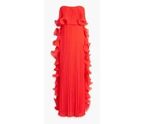 Strapless ruffled plissé-chiffon gown - Red