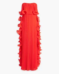 Badgley Mischka Strapless ruffled plissé-chiffon gown - Red Red