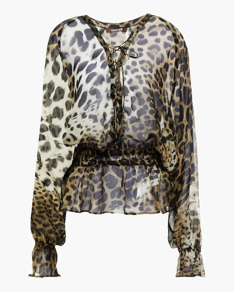 Roberto Cavalli Embellished gathered leopard-print silk-chiffon blouse - Animal print Animal