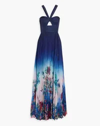 Marchesa Cutout printed plissé-chiffon gown - Blue Blue